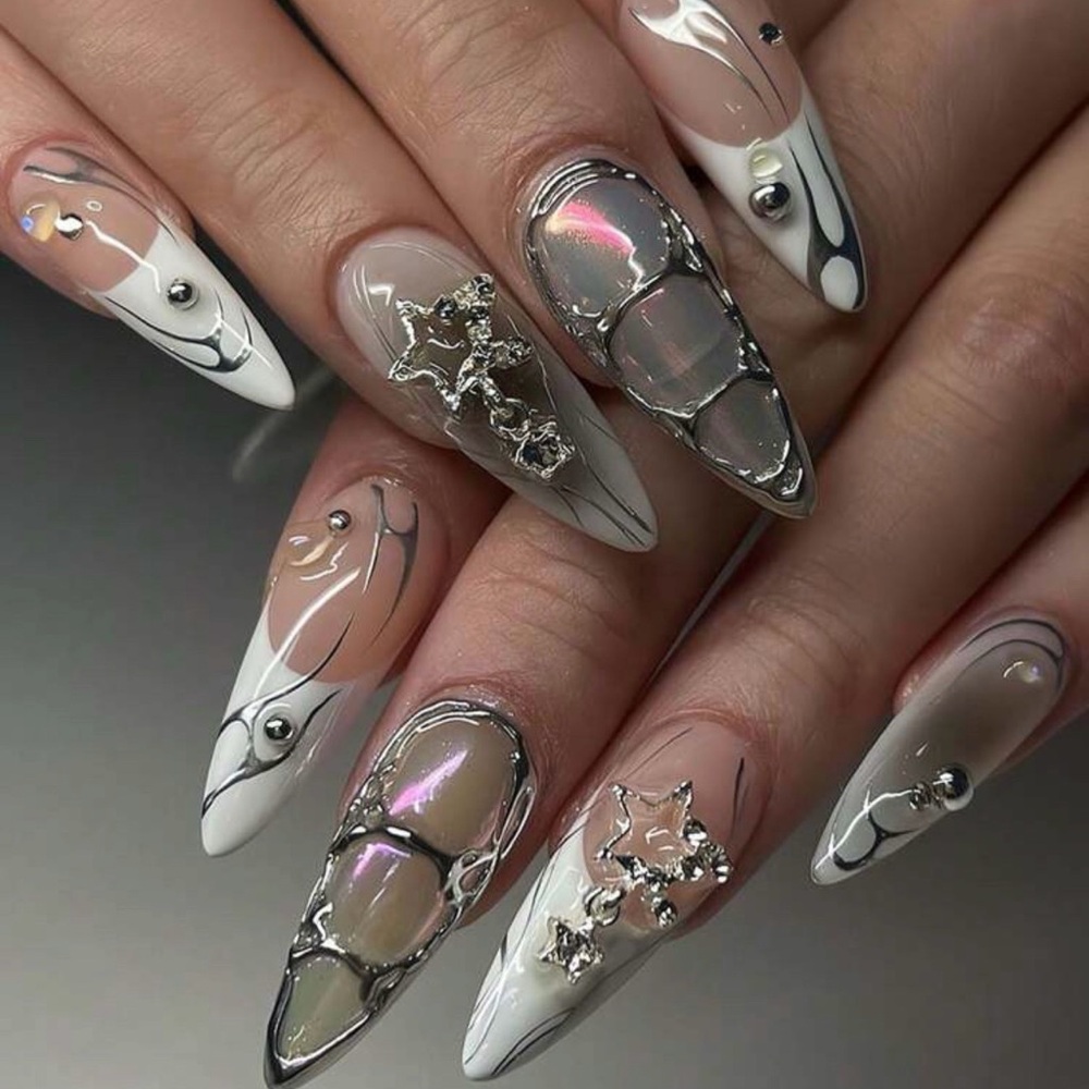 Elegant Silver and White press on nails